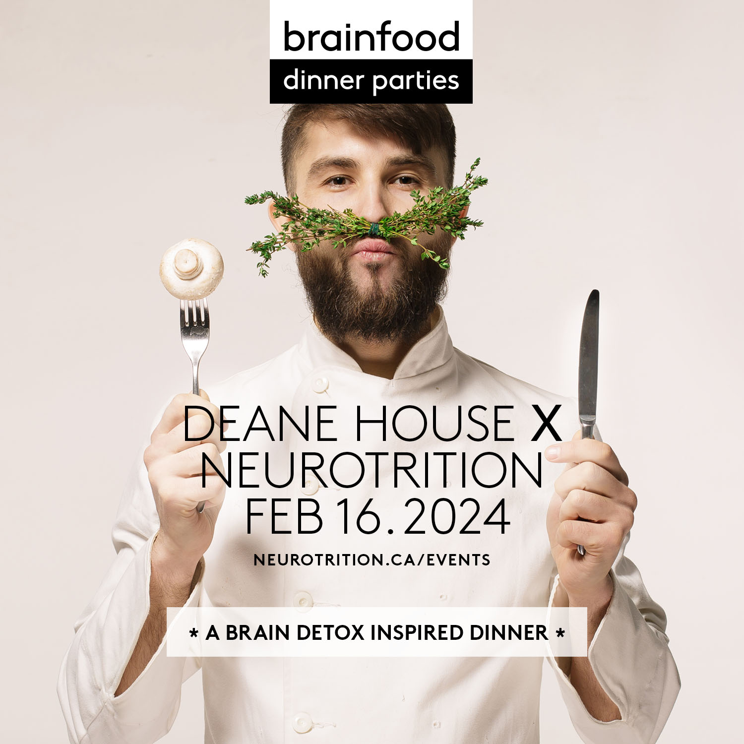 Picture of a chef in a white coat, holding herbs between his nose and mouth, and a knife and fork in his hand.